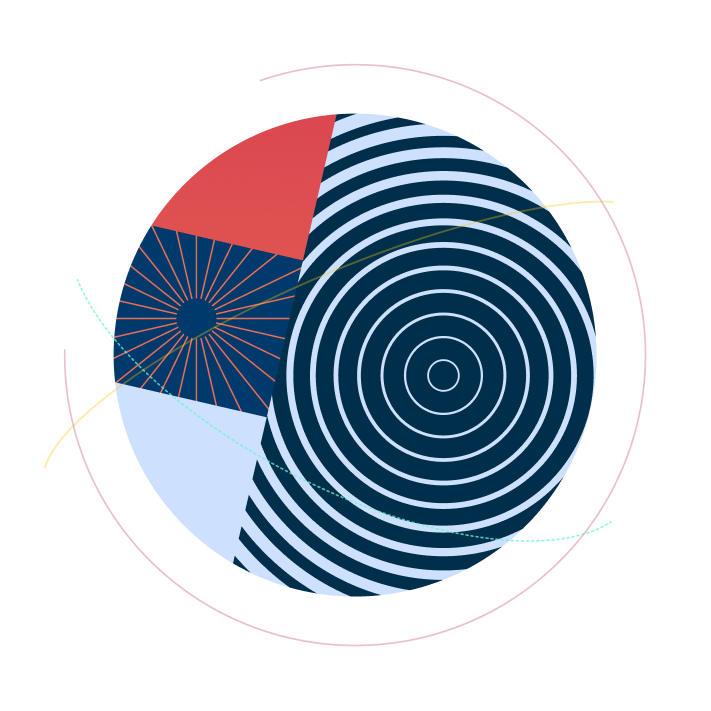 Abstract circular graphic featuring navy concentric circles, blue radial patterns, and red geometric accents.